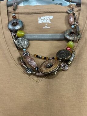 Lands' End Tan Cotton V-Neck Tee Short Sleeve Made in Egypt with Necklace